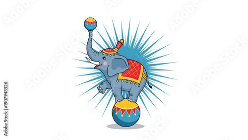 Cute circus elephant wearing a decorative hat and blanket balancing on a colorful ball against a blue sunburst background.
