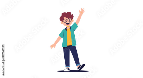 A cheerful and friendly young boy with glasses is happily waving his hand in a greeting gesture with a big smile.