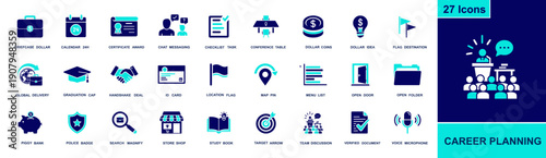 Career planning icon set. Containing briefcase, calendar, certificate, checklist, chat, graduation cap, handshake, ID card, map pin, target and more. Solid fill vector icons collection
