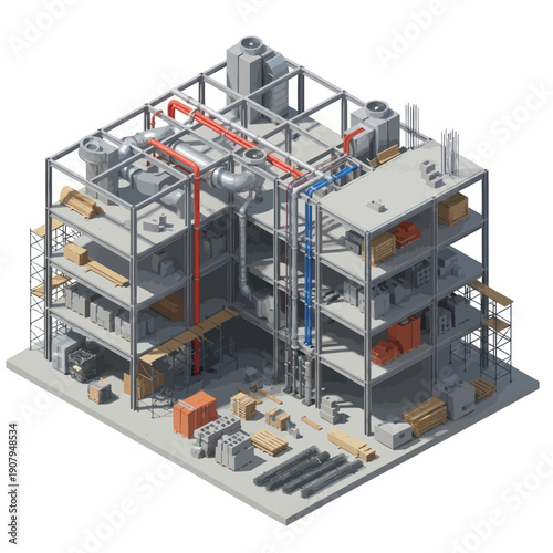 Industrial Factory Building with Pipes and Equipment.