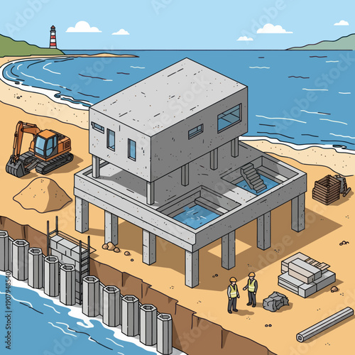 Modern House Under Construction Near Water.