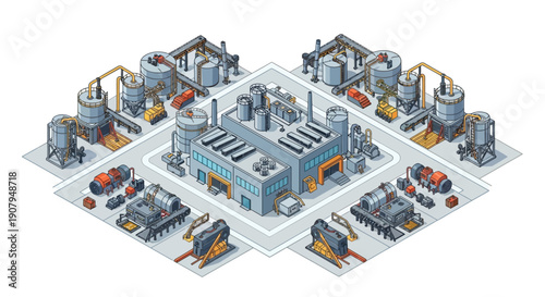 Isometric view of a modern industrial factory complex with processing machinery and storage tanks, illustrating manufacturing operations and logistics