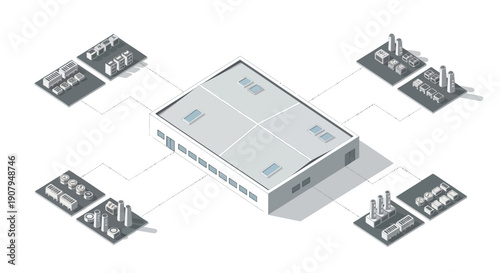 Isometric illustration of a central building connected to smaller factory buildings via pathways, representing industrial infrastructure or logistics