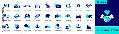 Collaboration icon set. Containing teamwork, handshake deal, chat, user group, leader, link, puzzle, security, high five, award, refresh, and more. Solid fill vector icons collection