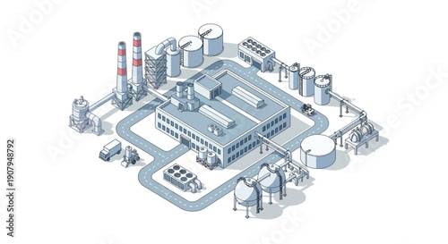 Isometric view of an industrial complex featuring multiple buildings, storage tanks, and pipelines, signifying production and manufacturing processes
