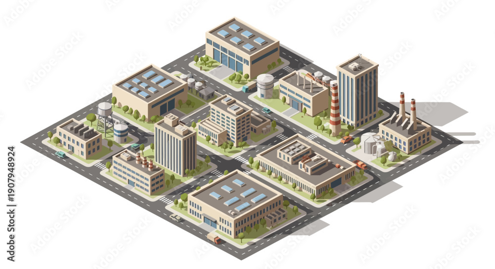 Obraz premium Isometric industrial complex with factories, warehouses, and office buildings