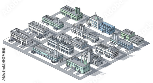 Isometric illustration of a city block featuring various industrial buildings and factories in a clean, minimalist design