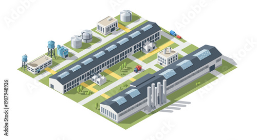 Isometric view of a modern industrial complex with multiple factory buildings and infrastructure elements against a light background