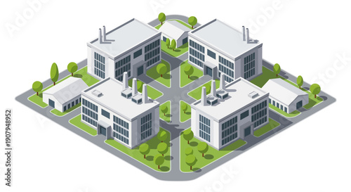 Isometric industrial complex featuring multiple factory buildings and surrounding green spaces under a bright sky