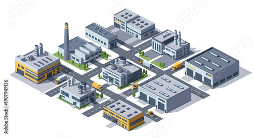 Isometric industrial city buildings with factories, warehouses, and transport vehicles, showcasing urban infrastructure and manufacturing hubs