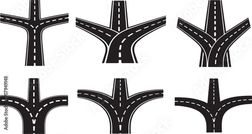 Road intersection and highway merge designs in black and white