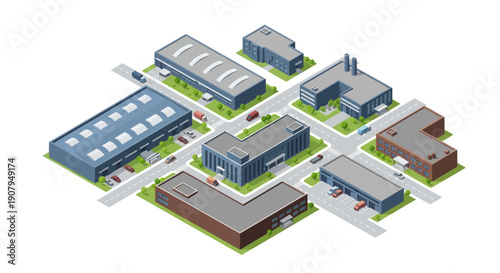 Industrial zone with modern buildings and roads, illustrating urban development and commercial infrastructure
