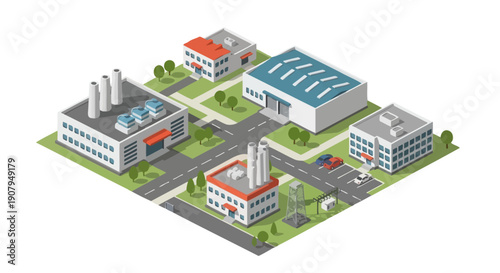 Isometric view of an industrial district with factories, warehouses, and office buildings, showcasing a business park environment with roads and vehicles