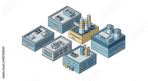 Isometric industrial buildings with chimneys and air conditioning units, representing factories and manufacturing plants in a modern city landscape