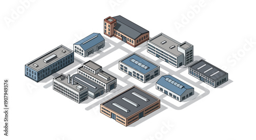 Isometric industrial buildings collection, a set of diverse architectural structures including factories, warehouses, and workshops for business and urban development concepts