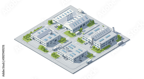 Isometric industrial park with manufacturing facilities and green spaces rendered in a clean, modern illustration style