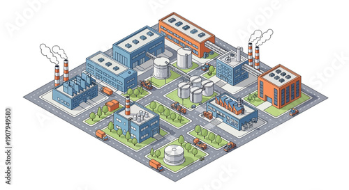 Isometric industrial complex with factories, warehouses, and chimneys emitting smoke, representing manufacturing and production