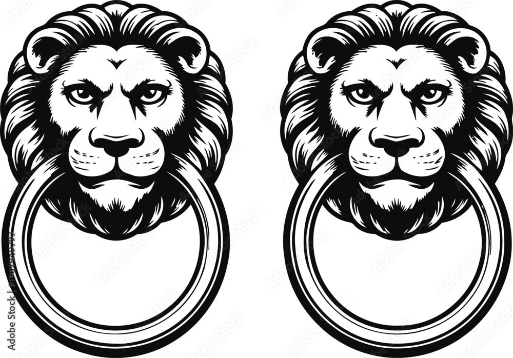Fototapeta premium pair of vintage lion head door knockers with metal rings, classic architectural design