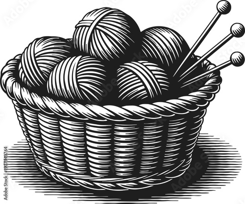 Basket of yarn balls with knitting needles handmade crafts hobby, wool texture and knitting equipment illustration