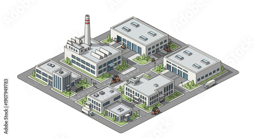 Isometric view of an industrial park with factories, warehouses, and vehicles on a grid layout