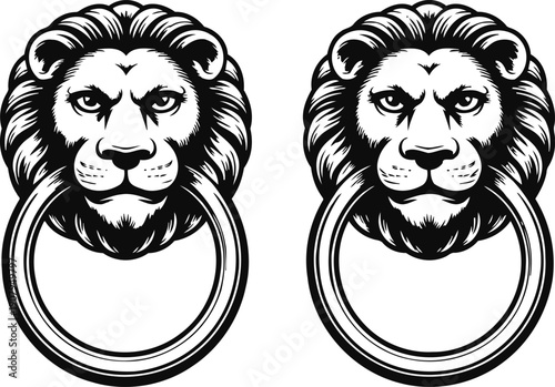 pair of vintage lion head door knockers with metal rings, classic architectural design