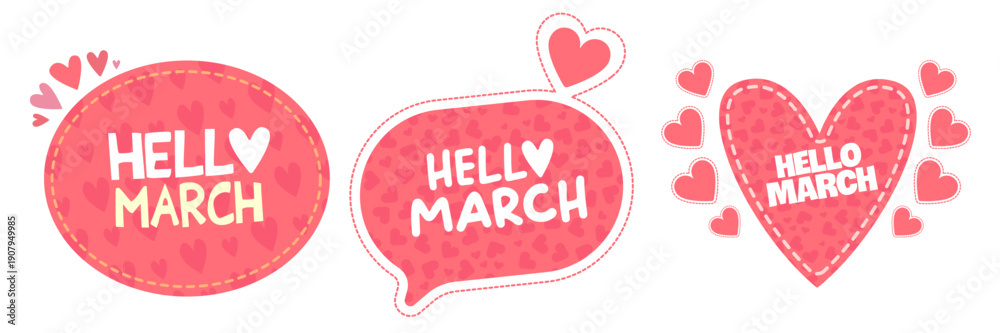 Naklejka premium Hello March spring greeting banner with pink heart pattern and stitched border, romantic horizontal header template isolated on white. Hello March speech bubble set