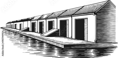 Warehouse row along waterfront pier with loading docks and ramp access in vintage engraving