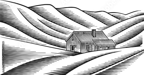 Rustic cabin in hilly landscape, woodcut illustration with rolling hills and rural solitude