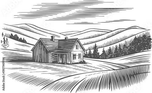 Rustic cabin in peaceful mountain landscape with rolling hills and pine trees