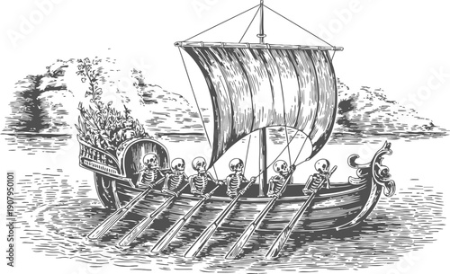 Ancient viking ship with skeleton rowers and sail, detailed black and white illustration