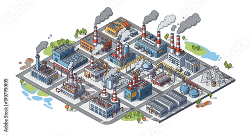 Industrial landscape showcasing factories, power plants, and industrial infrastructure with smoke emitting from chimneys