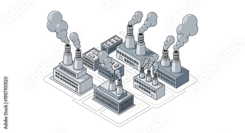 Industrial complex illustration with multiple factories emitting smoke, depicting a busy manufacturing hub