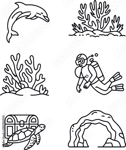 Black and white line of ocean creatures and scuba diver icons set eps-10