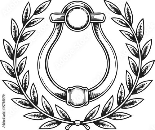 Vintage door knocker framed by laurel wreath classic hand drawn illustration of ornate metal hardware and leaves