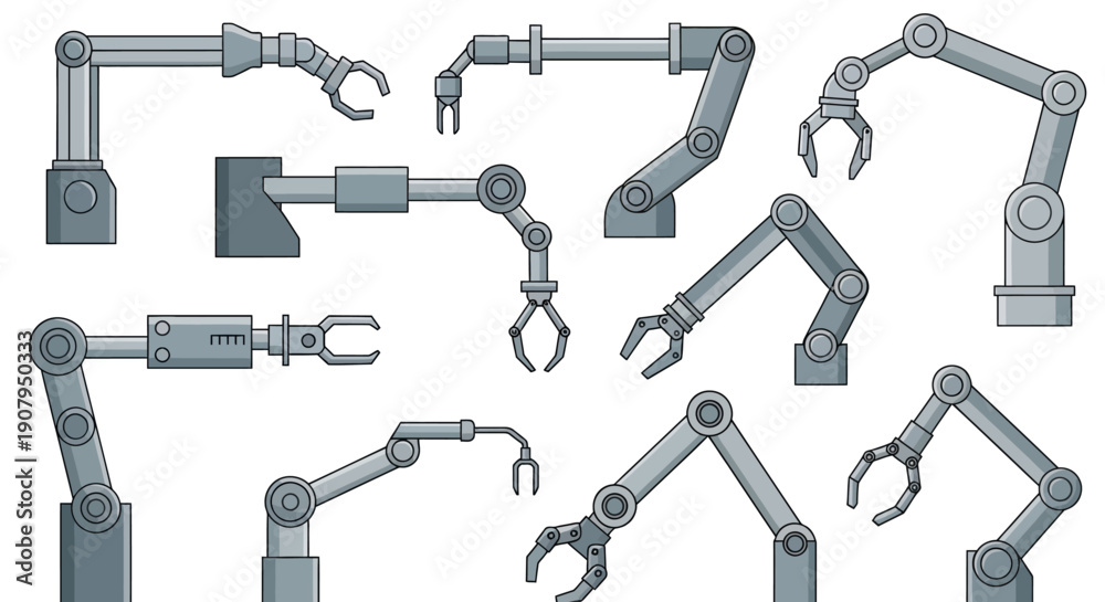 Obraz premium Collection of various industrial robotic arms with articulated joints and grippers, showcasing automated machinery in manufacturing and technology