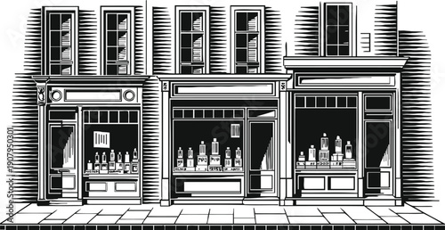 Black and white illustration of vintage storefronts with large display windows and brick facade