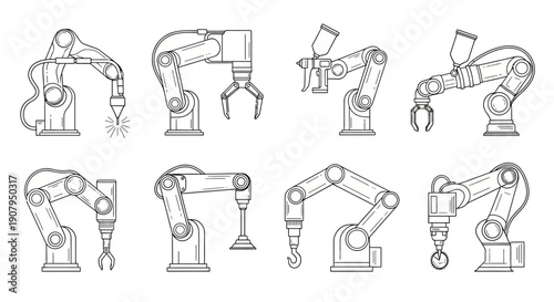 Collection of Industrial Robotic Arms in Various Configurations for Manufacturing Automation Applications