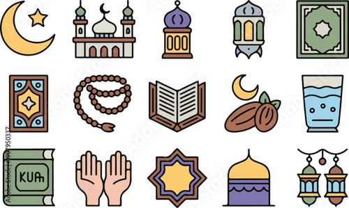 Ramadan Kareem icon set, Islamic holy month symbols collection, crescent moon and star, mosque silhouette with dome and minarets, lantern (fanous), prayer mat, tasbih beads, Quran book, dates fruit, w
