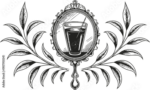 Vintage hand mirror with a glass reflecting inside, decorative floral engraving design