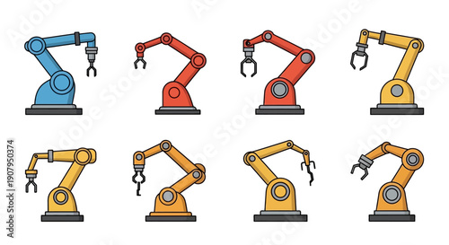 Collection of various robotic arms, industrial automation, and futuristic manufacturing equipment illustrations