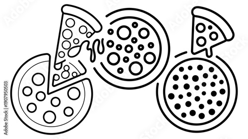 A sequential line art illustration depicting three different stages and varieties of delicious pizza.