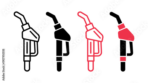 A comprehensive collection of four fuel pump nozzle icons presented in various line and fill styles.