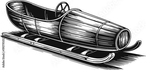 Vintage wooden bobsled sled with steering wheel detailed black and white engraving illustration