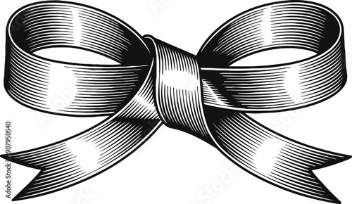 Vintage black ribbon bow illustration with detailed shading and curved classic design