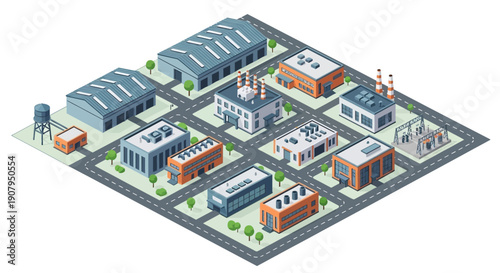 Isometric illustration of an industrial park with factories, warehouses, and administrative buildings, showcasing urban development and manufacturing infrastructure