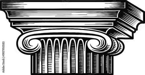 Classical ionic column capital with scrolls and fluted details in vintage engraving