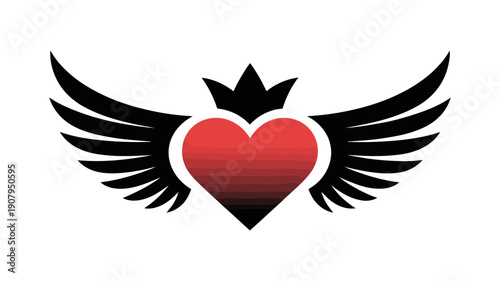 A striking design featuring a vibrant red heart adorned with majestic black wings and a small crown.