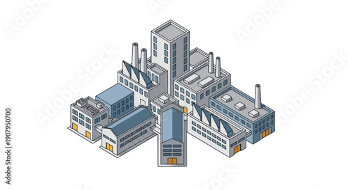 Isometric view of a cluster of industrial factory buildings, representing manufacturing and production processes