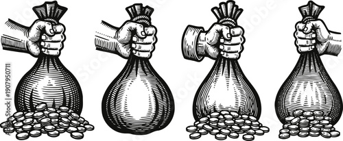 Vintage black and white engraving illustration of hand holding money bags with coins falling down