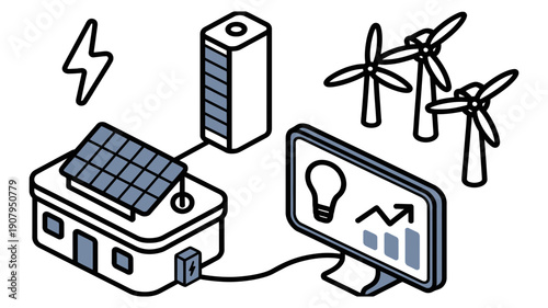 Illustration of a home energy management system with solar panels and wind turbines.